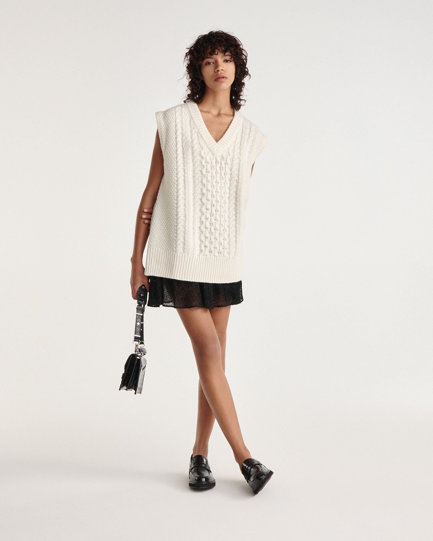 Pull laine blanc sans manches à col V, OFF WHITE, hi-res image number null