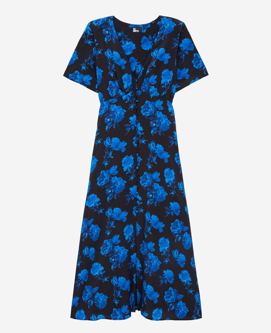 The Kooples WOMEN BLACK BLUE long printed silk dress with buttoning