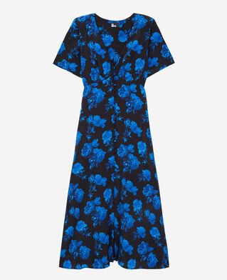 The Kooples WOMEN BLACK BLUE long printed silk dress with buttoning