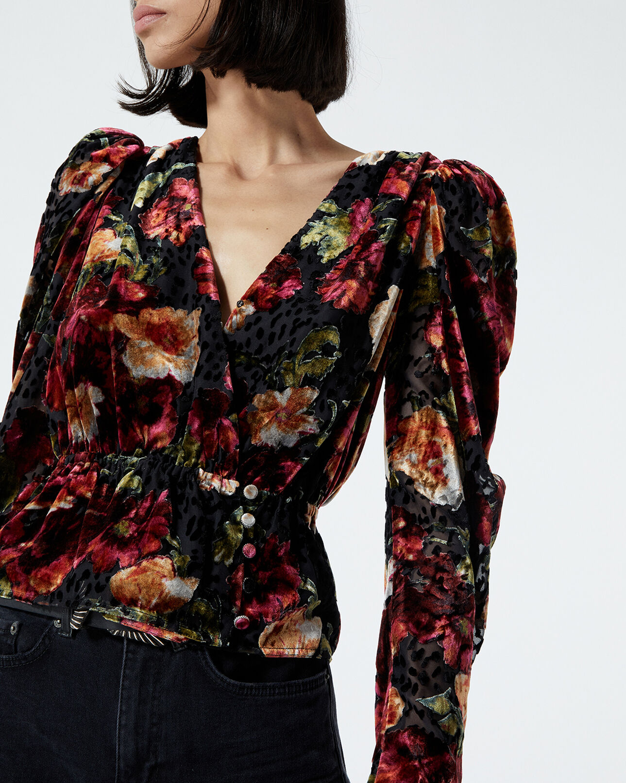 The Kooples WOMEN MULTICOLOR burnout velvet top with orange floral print