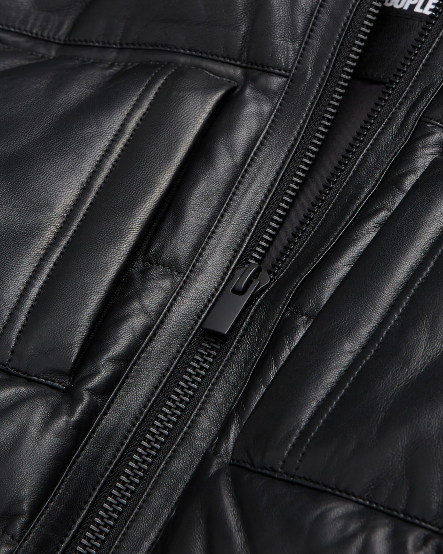 Black leather down jacket with straps and logo, BLACK, hi-res image number null