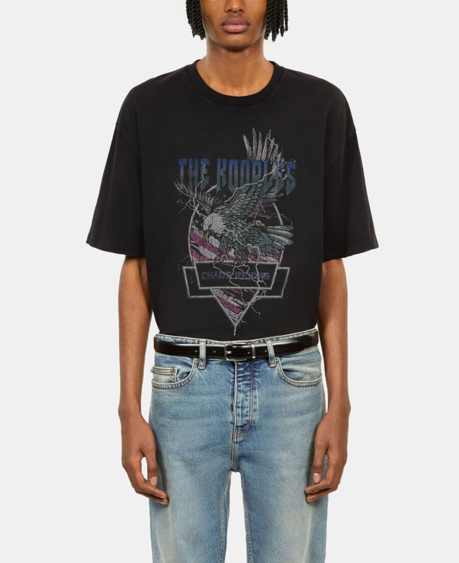 The Kooples H BLACK WASHED black t-shirt with chaos eagle serigraphy