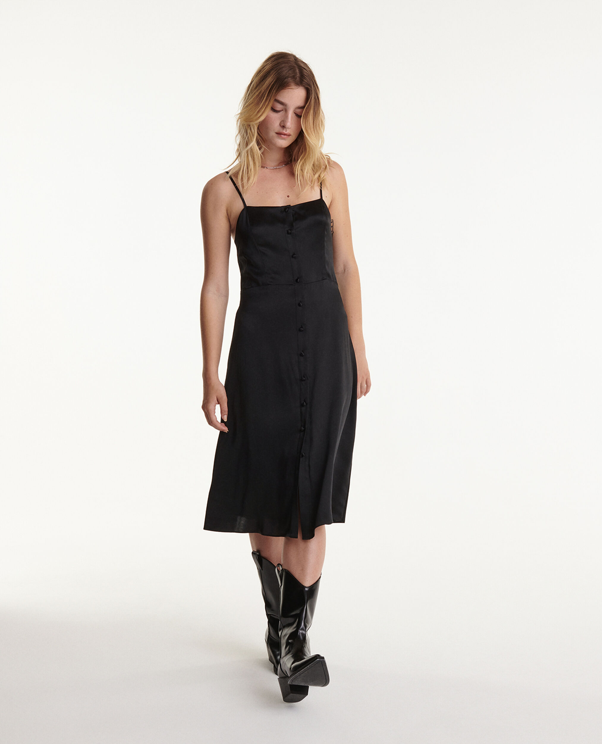 Langes schwarzes Kleid ärmellos geknöpft, BLACK, hi-res image number null