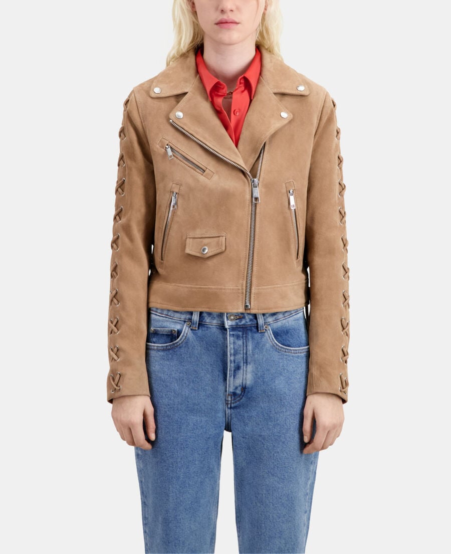 The Kooples FEMME BEIGE blouson biker en cuir suède beige