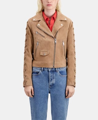 The Kooples FEMME BEIGE blouson biker en cuir suède beige
