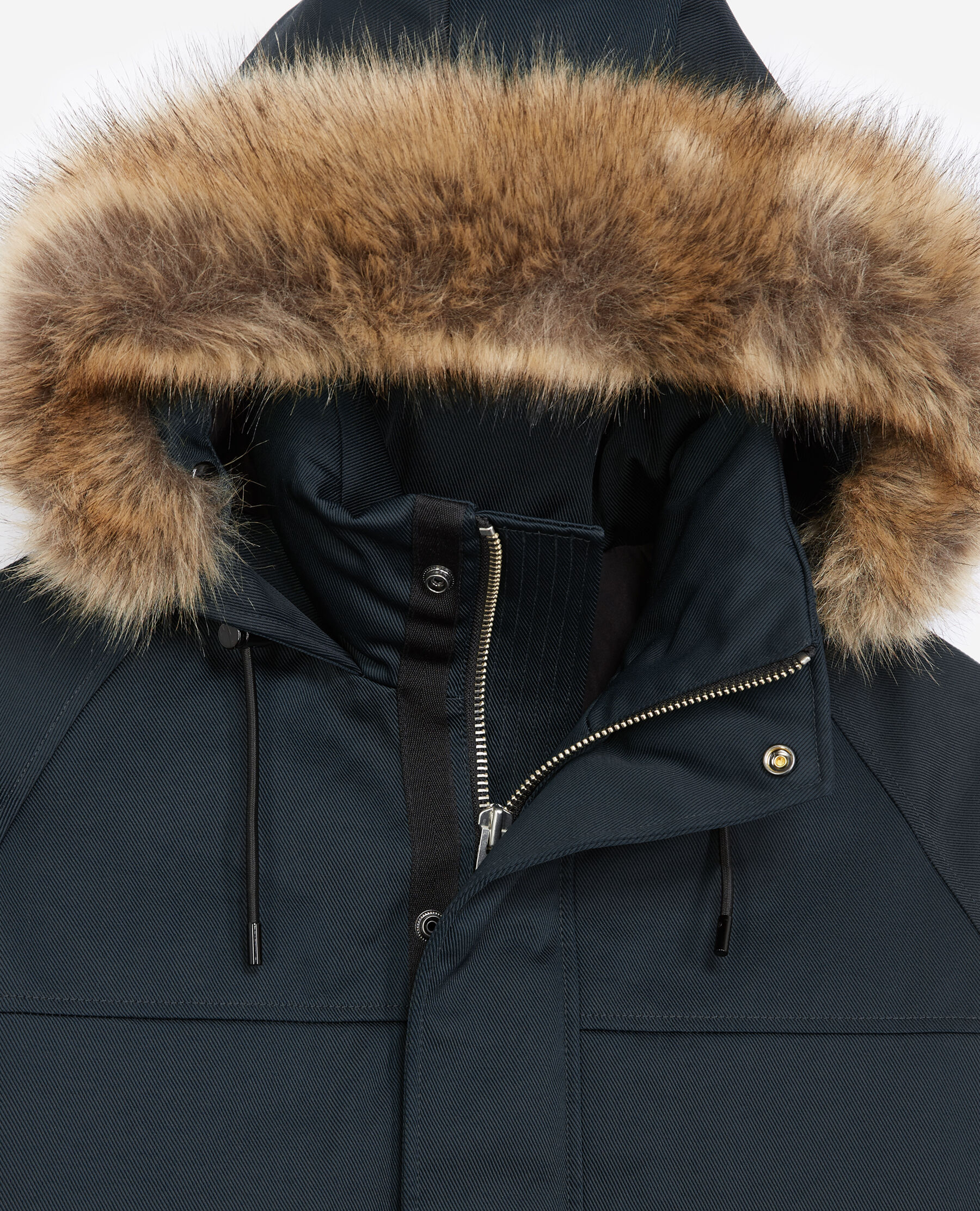 Navy blue down jacket in cotton with leather