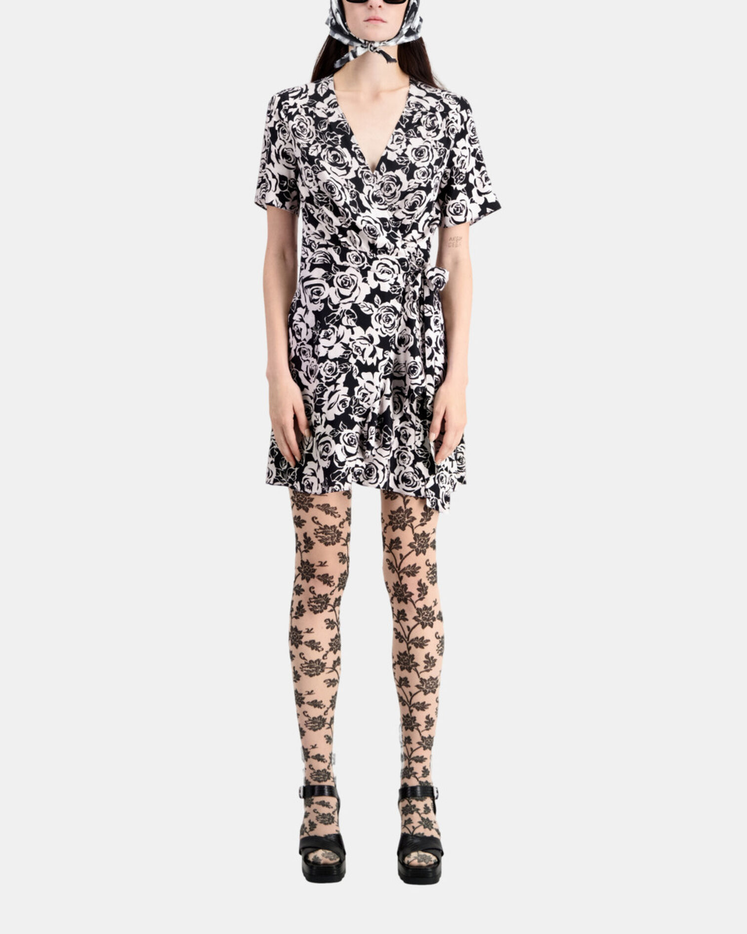 Short printed wrap dress, BLACK / PINK, hi-res image number null