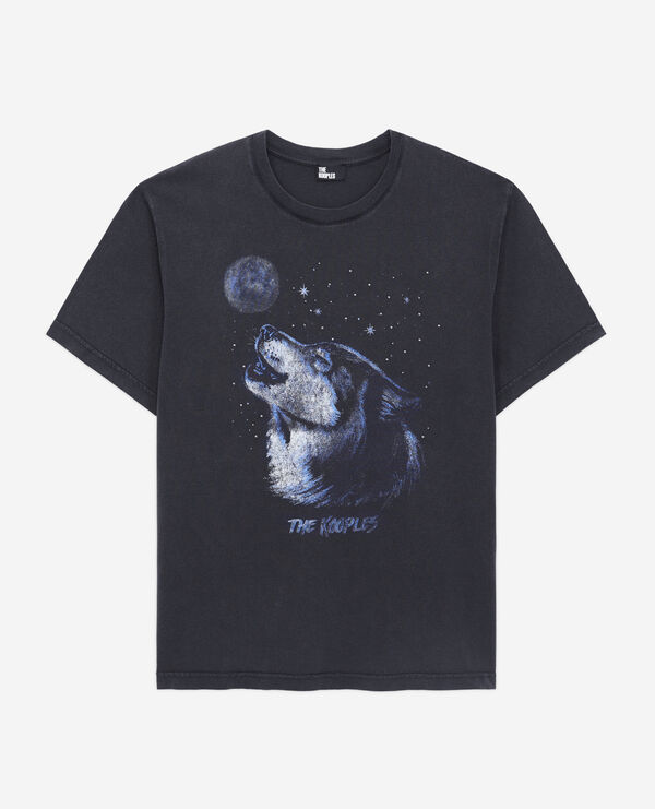 schwarzes t-shirt damen mit „wolf“-siebdruck