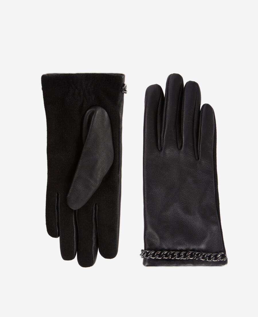The Kooples WOMEN BLACK women's black leather gloves with chain