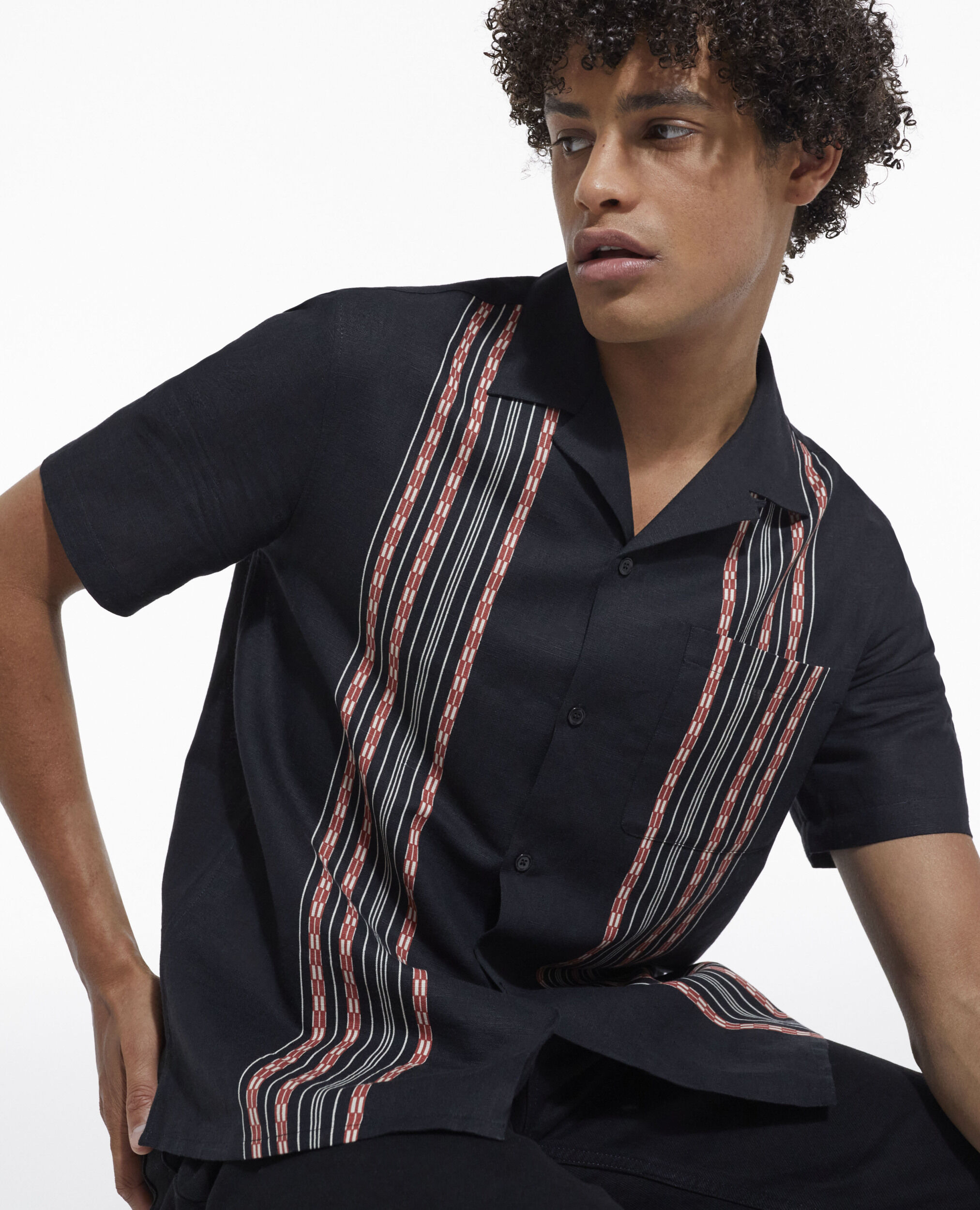 Cotton linen shirt with contrasting stripes, BLACK - RED, hi-res image number null