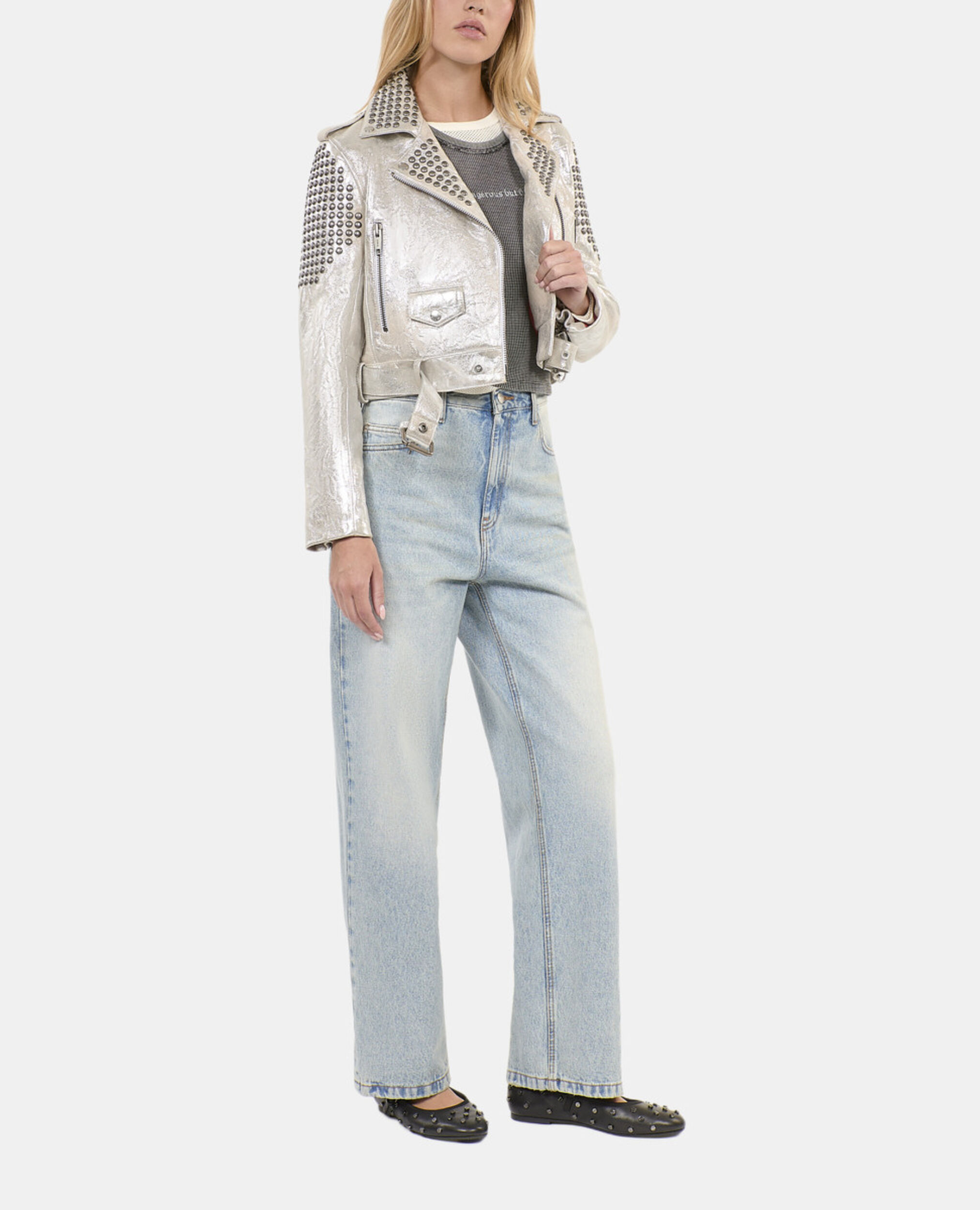 Blouson clouté en cuir argenté, 52 ARGENT VIEILLI CORNE, hi-res image number null