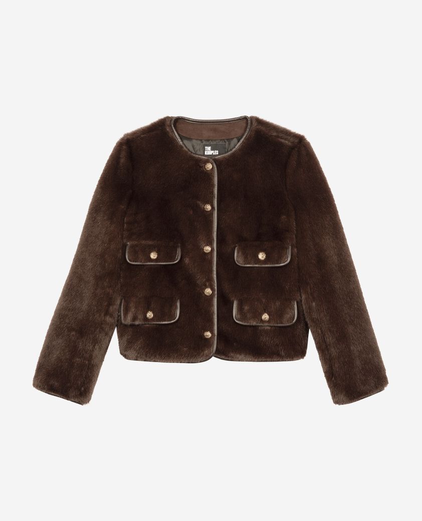 The Kooples FEMME CHOCOLATE blouson effet fourrure avec d&eacute;tails de cuir marron