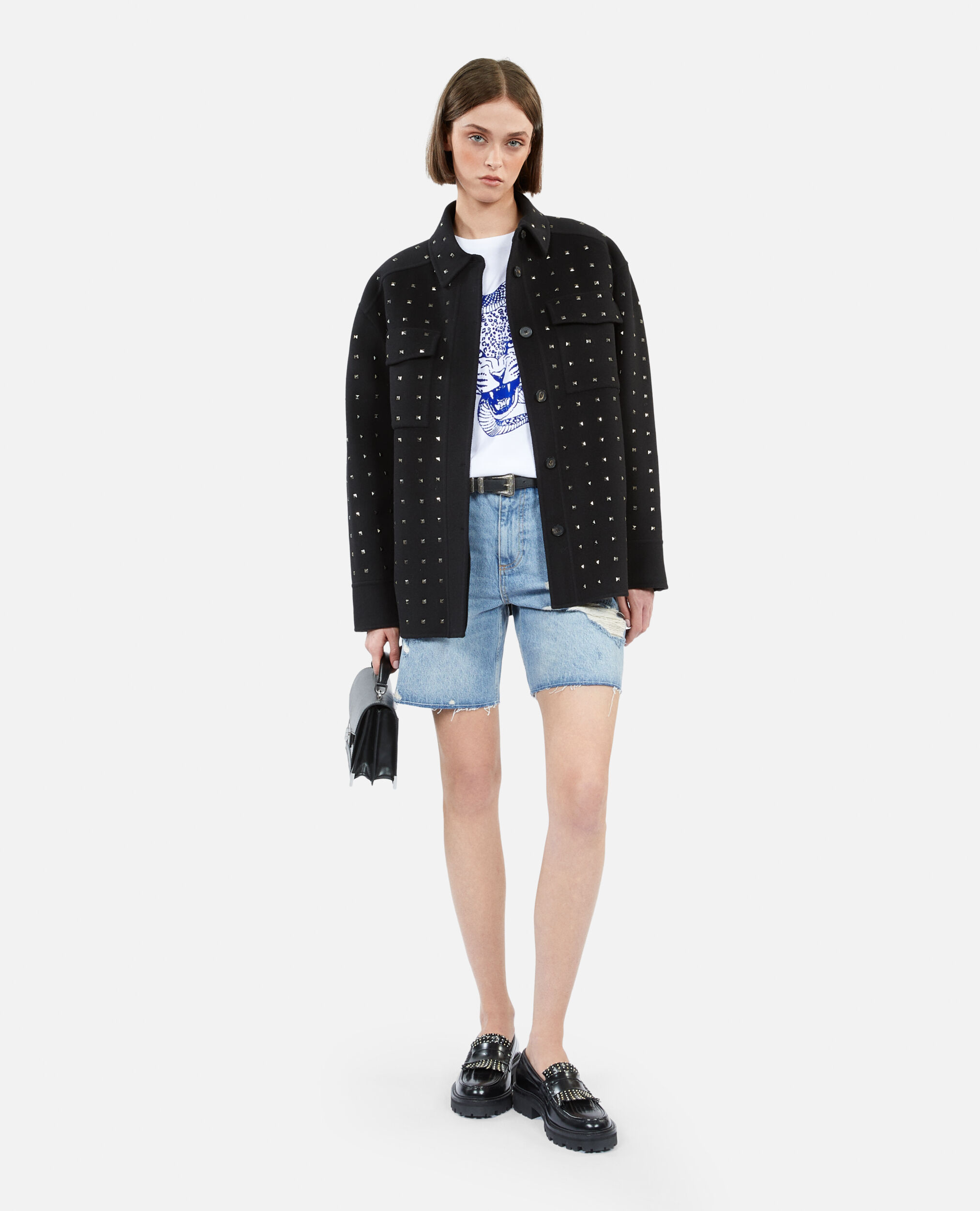 Black wool-blend overshirt-style jacket with studs, BLACK, hi-res image number null