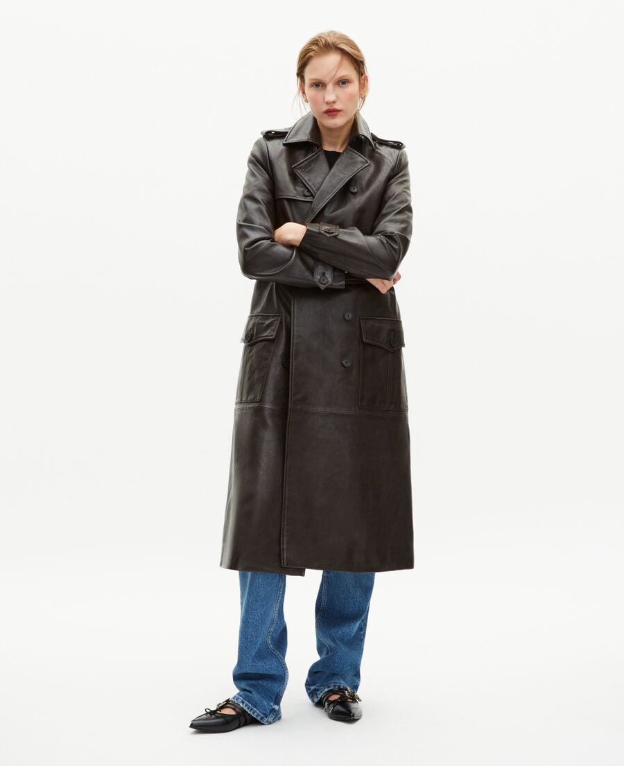 The Kooples WOMEN DARK BROWN MELANGE long brown leather trench coat
