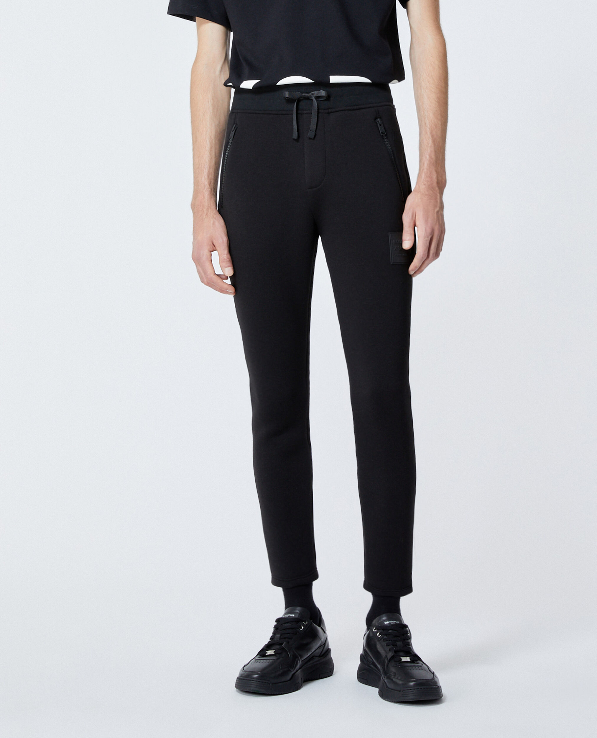 Zipped skinny black joggers with logo patch, BLACK, hi-res image number null