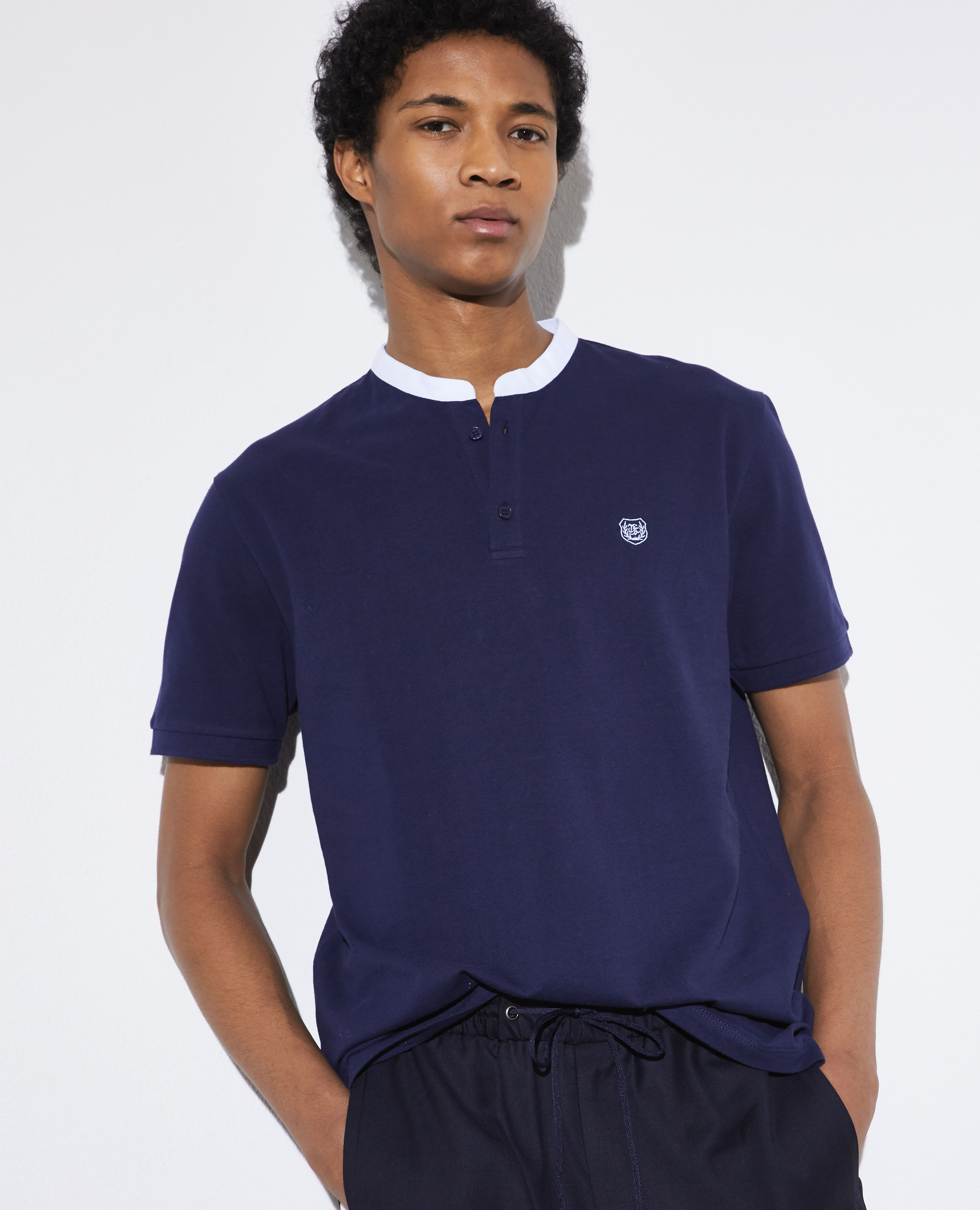 White and navy blue polo shirt best sale