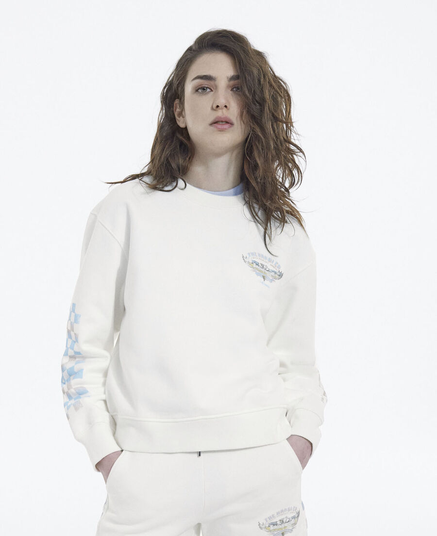 ecru screen printed check motif sweatshirt