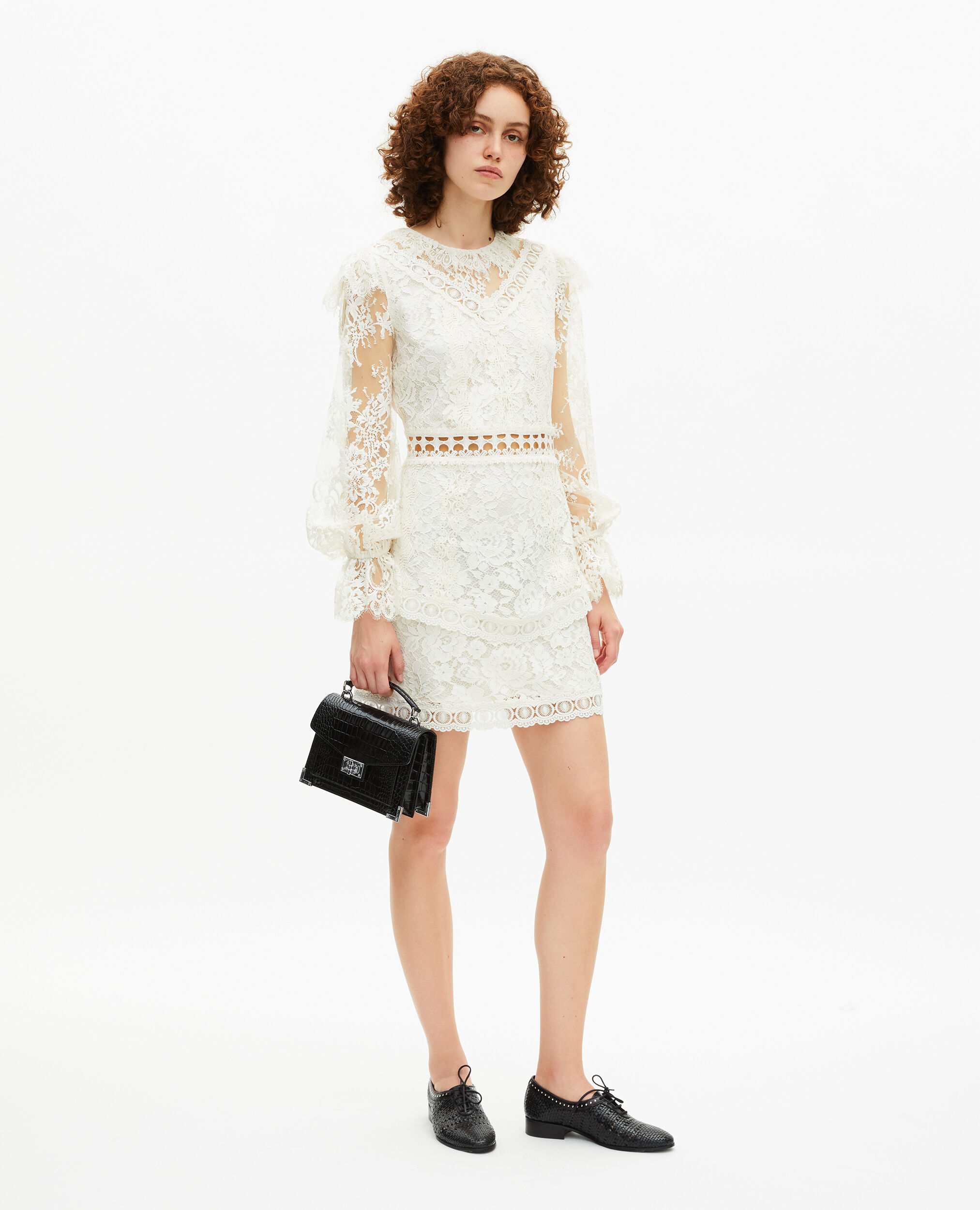 Kurzes Kleid aus ecrufarbener Spitze, WHITE, hi-res image number null