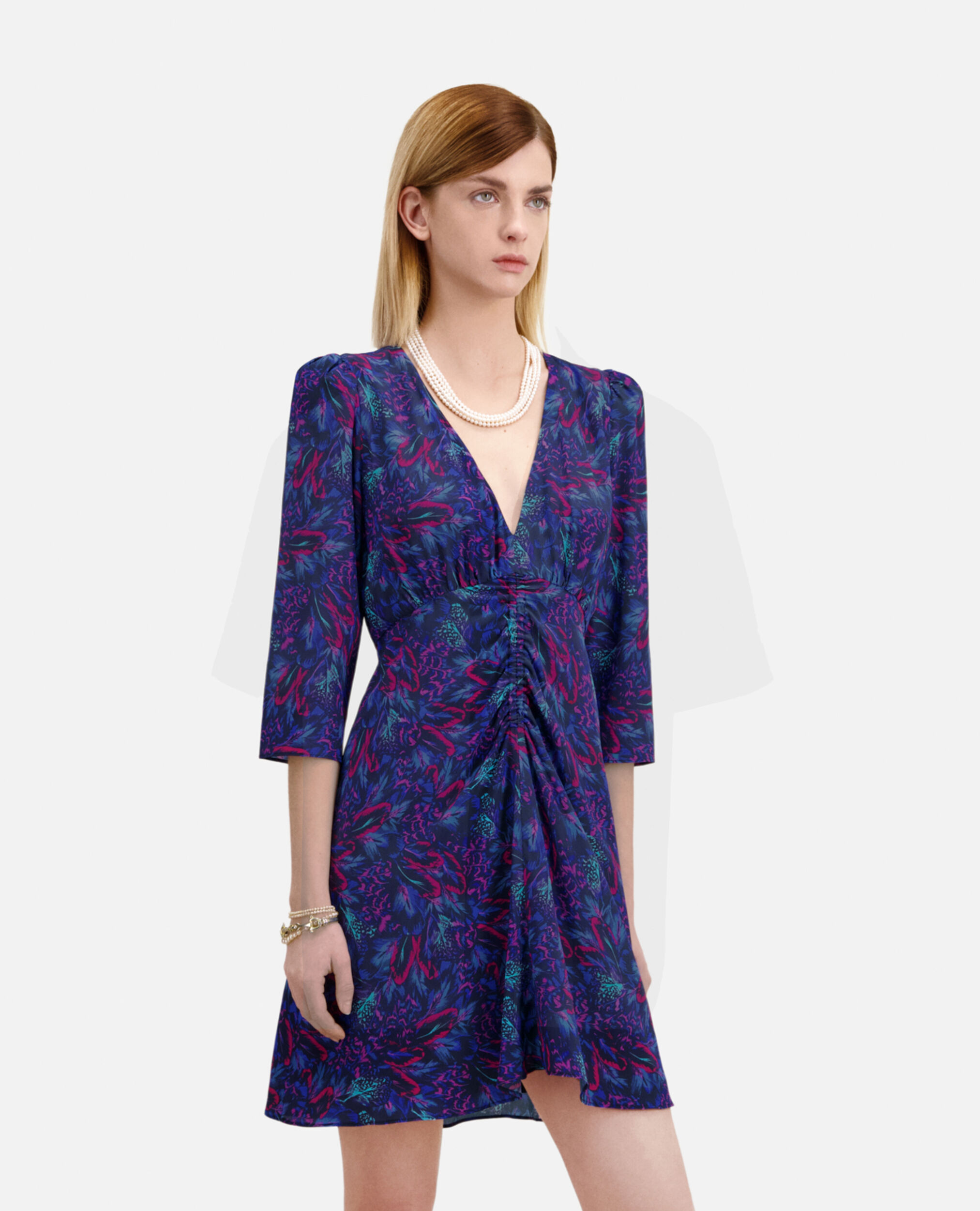 Kurzes Kleid mit Raffungen und Print, BLUE RED, hi-res image number null
