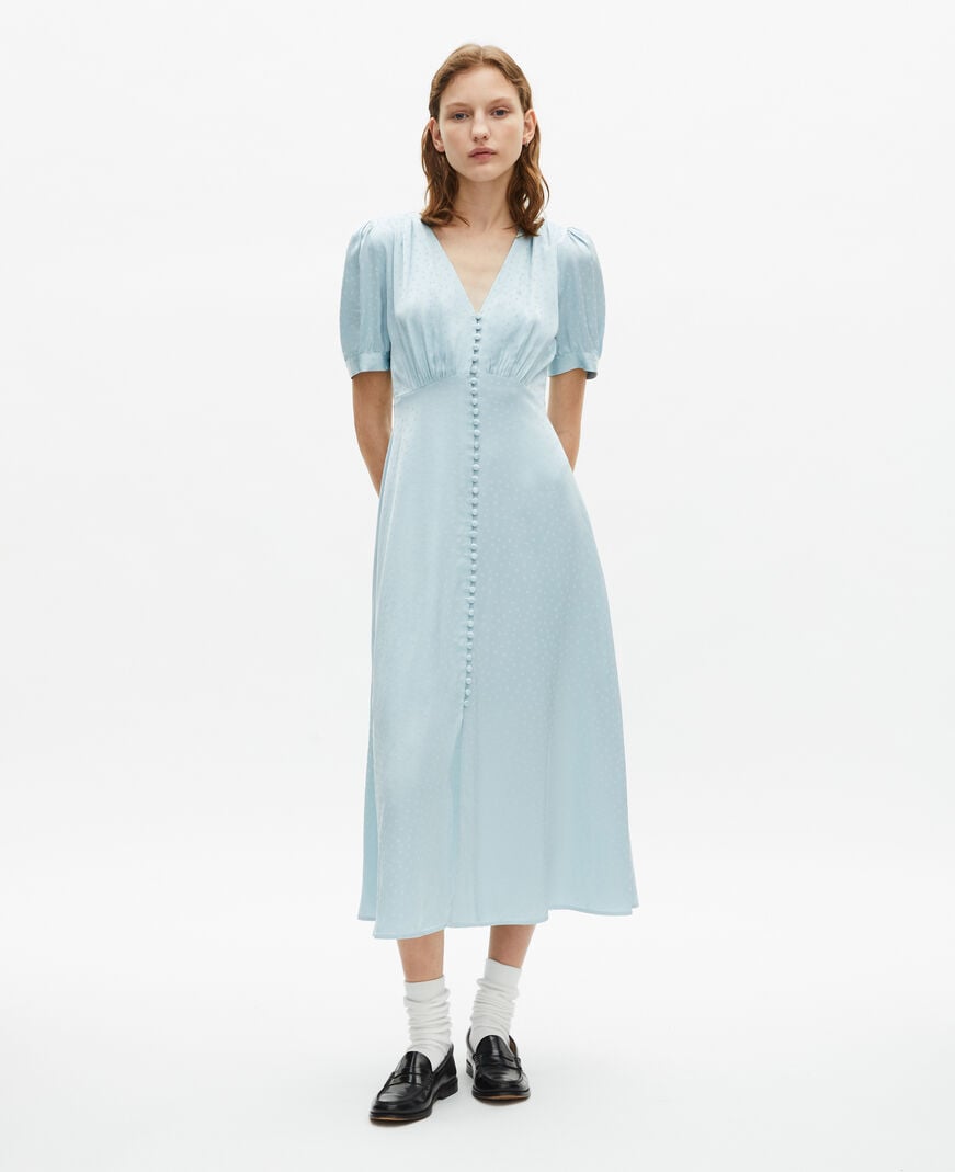 The Kooples FEMME BABY BLUE robe longue à pois en jacquard bleue