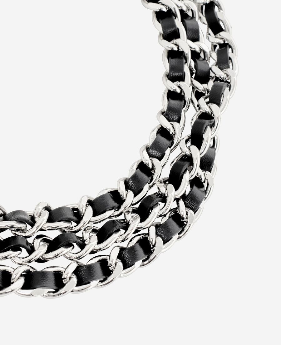 The Kooples WOMEN BLACK SILVER necklace with leather and silver chains