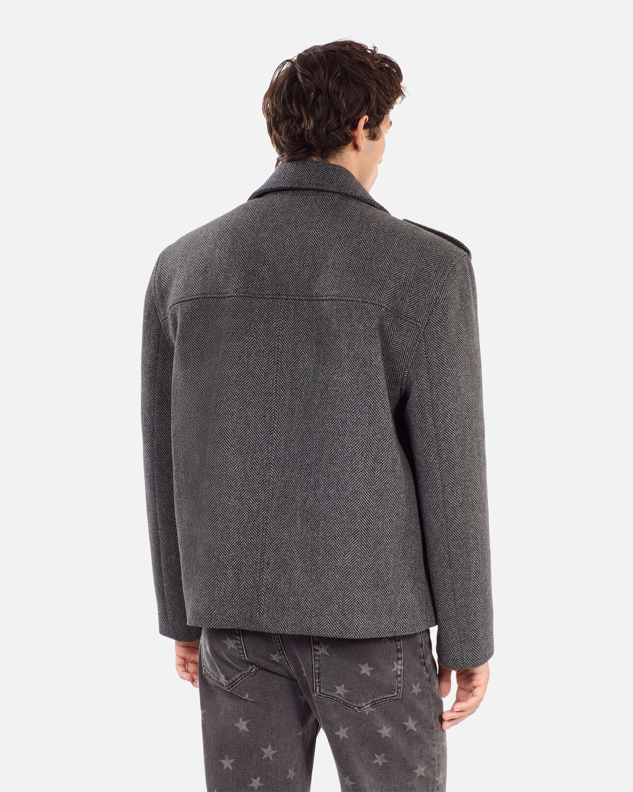 The Kooples MEN BLACK GREY black herringbone wool blend pea coat