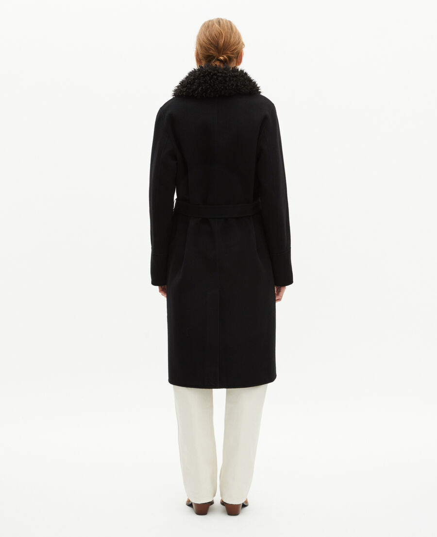 The Kooples WOMEN BLACK long double-sided wool coat with black sherpa collar
