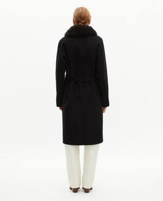 The Kooples WOMEN BLACK long double-sided wool coat with black sherpa collar