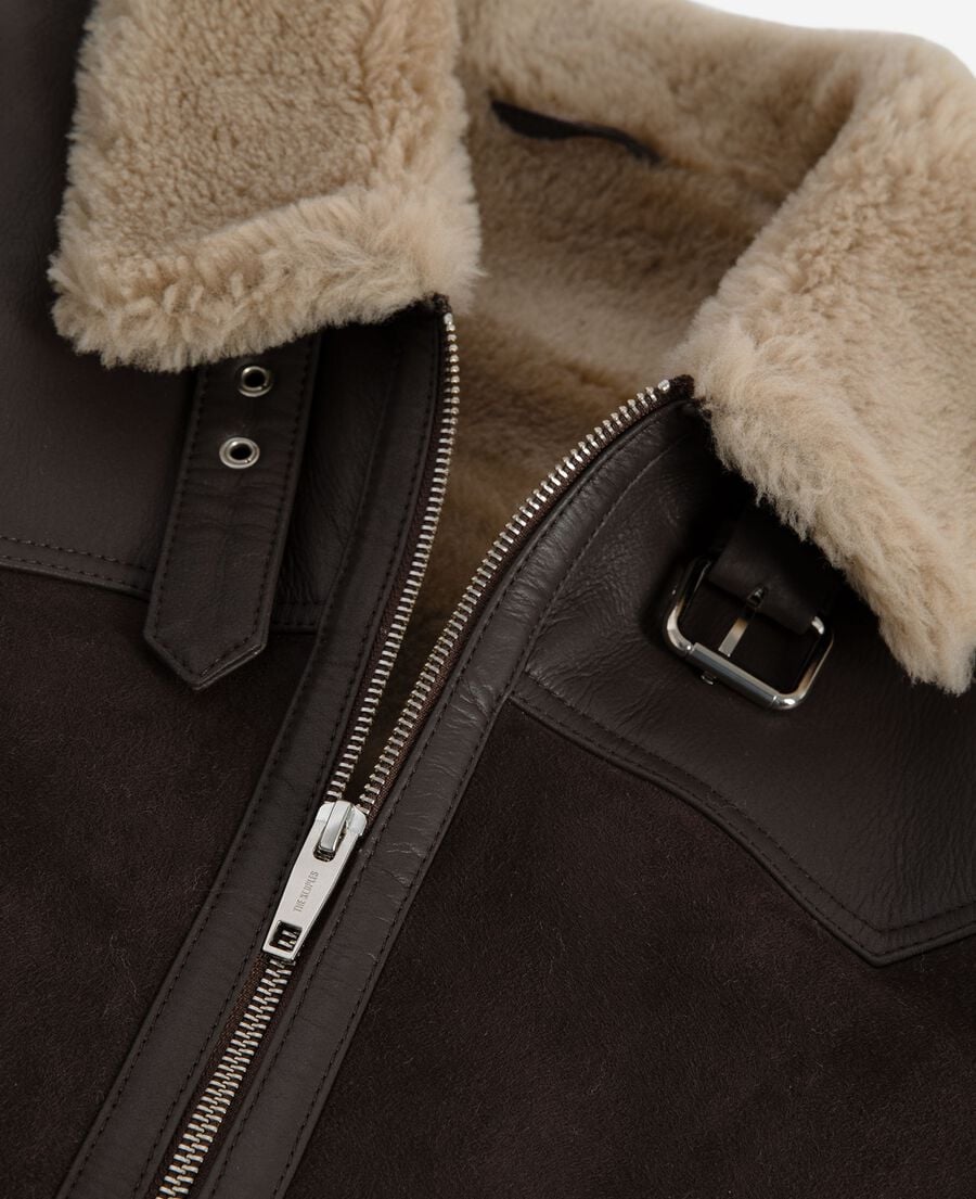 The Kooples DAMEN BROWN kurzes schaffell mit braunem sherpa-kragen