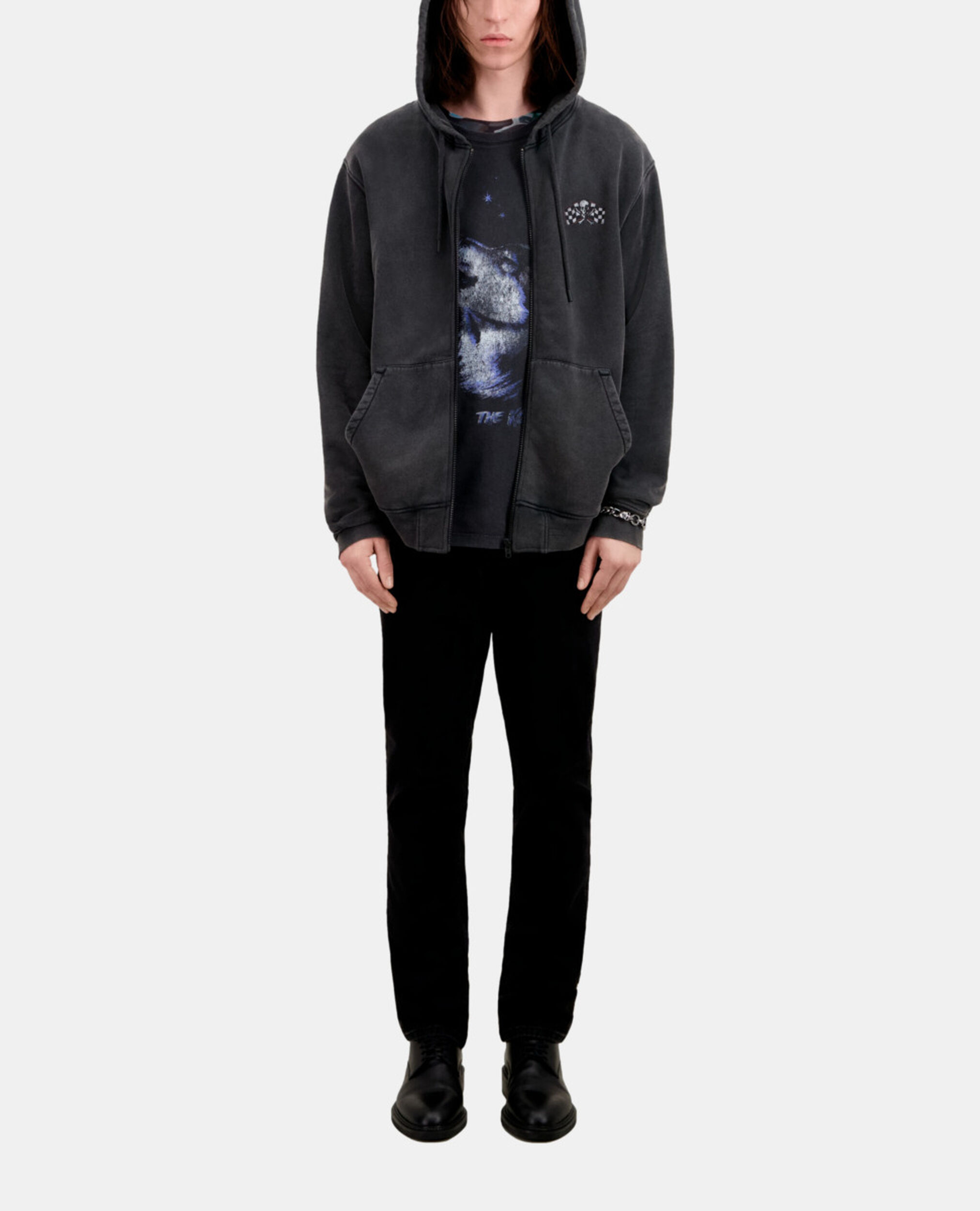 Herren Schwarzes Kapuzensweatshirt mit Siebdruck, BLACK WASHED, hi-res image number null