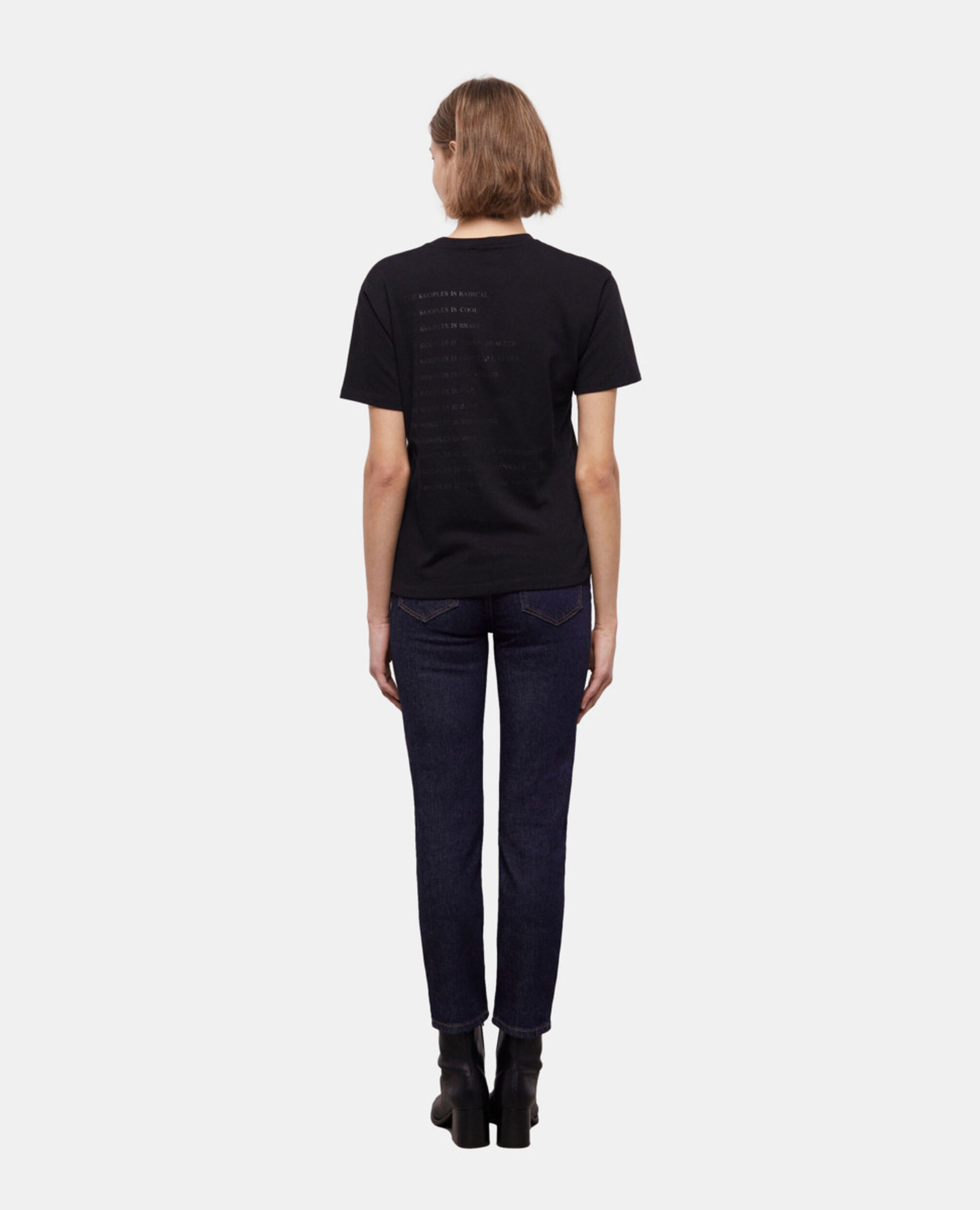 Schwarzes T-Shirt Damen mit Leopardenmuster und "What is"-Schriftzug, BLACK, hi-res image number null