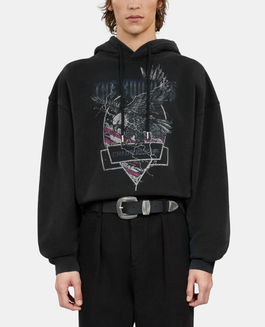 The Kooples HERREN BLACK WASHED schwarzes kapuzensweatshirt mit chaos-adlersiebdruck