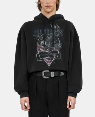 The Kooples HERREN BLACK WASHED schwarzes kapuzensweatshirt mit chaos-adlersiebdruck