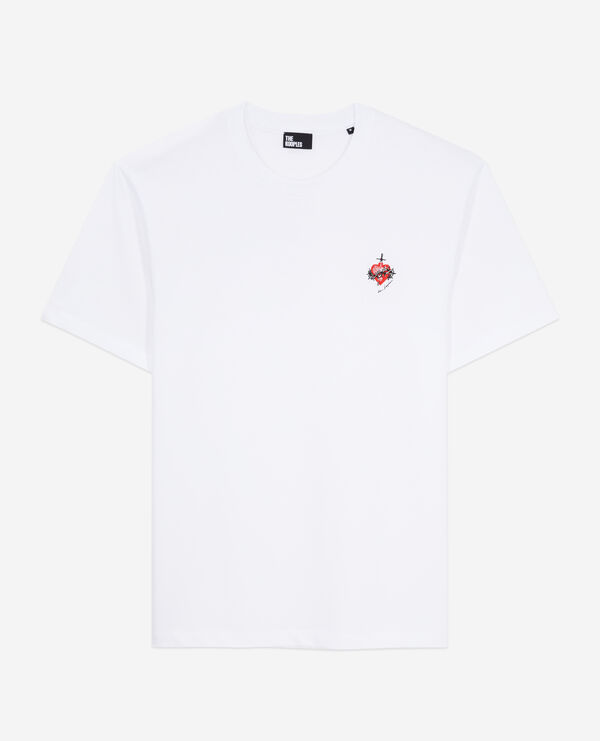 men's white t-shirt with dagger through heart embroidery