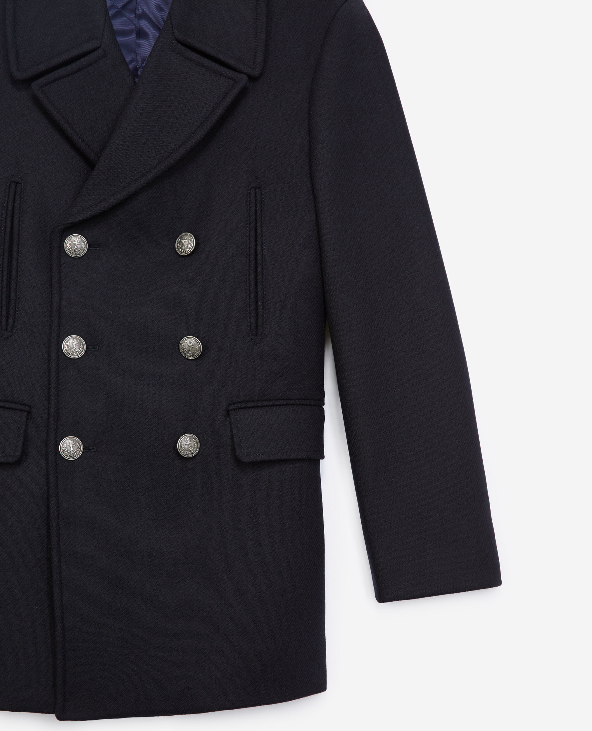 Navy blue wool pea coat with black buttons The Kooples