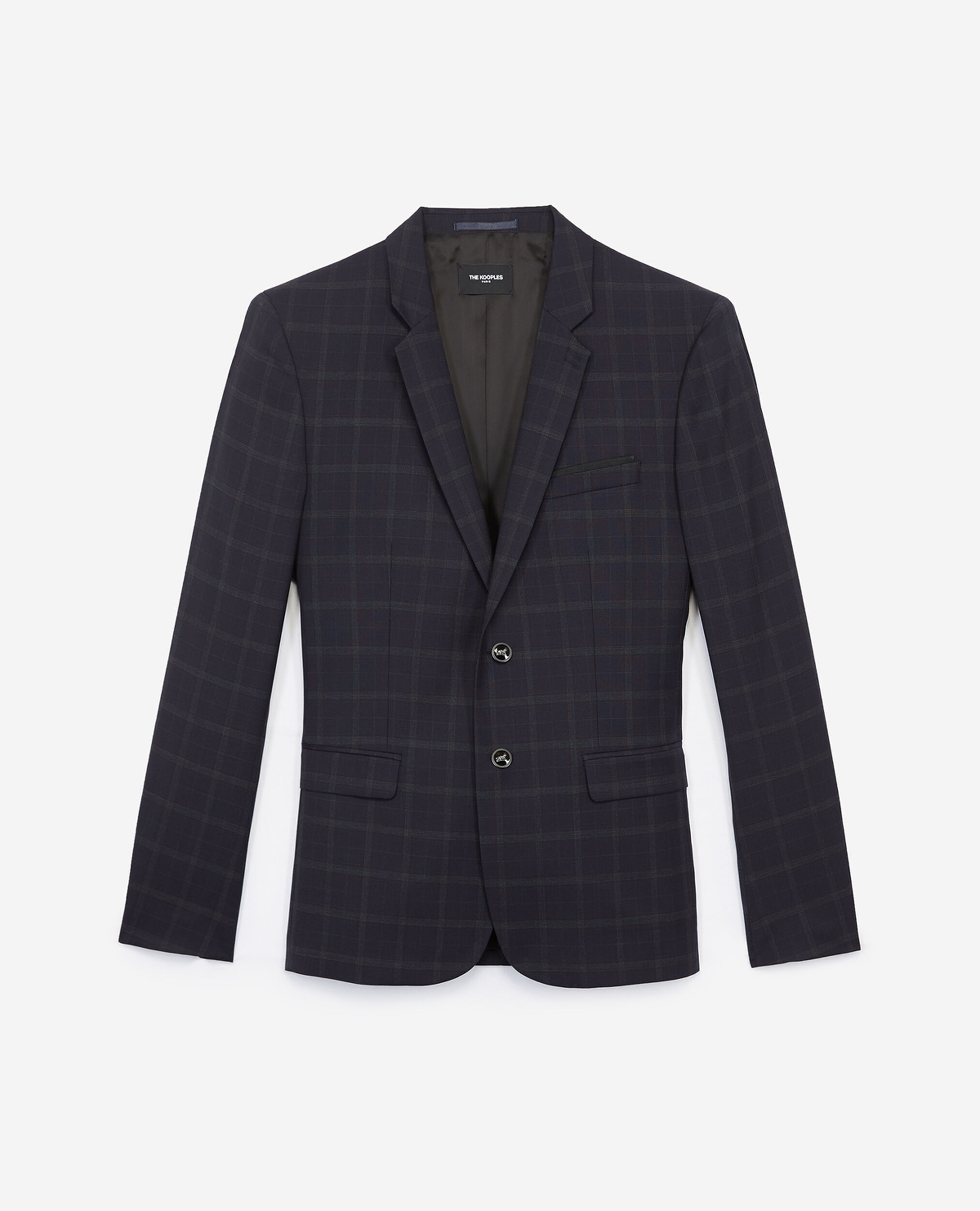 Formal blue wool jacket with grey check motif, NAVY, hi-res image number null