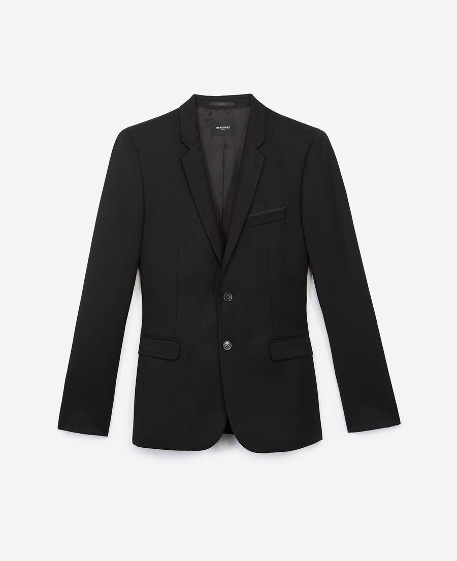 formal black wool jacket with notched lapels