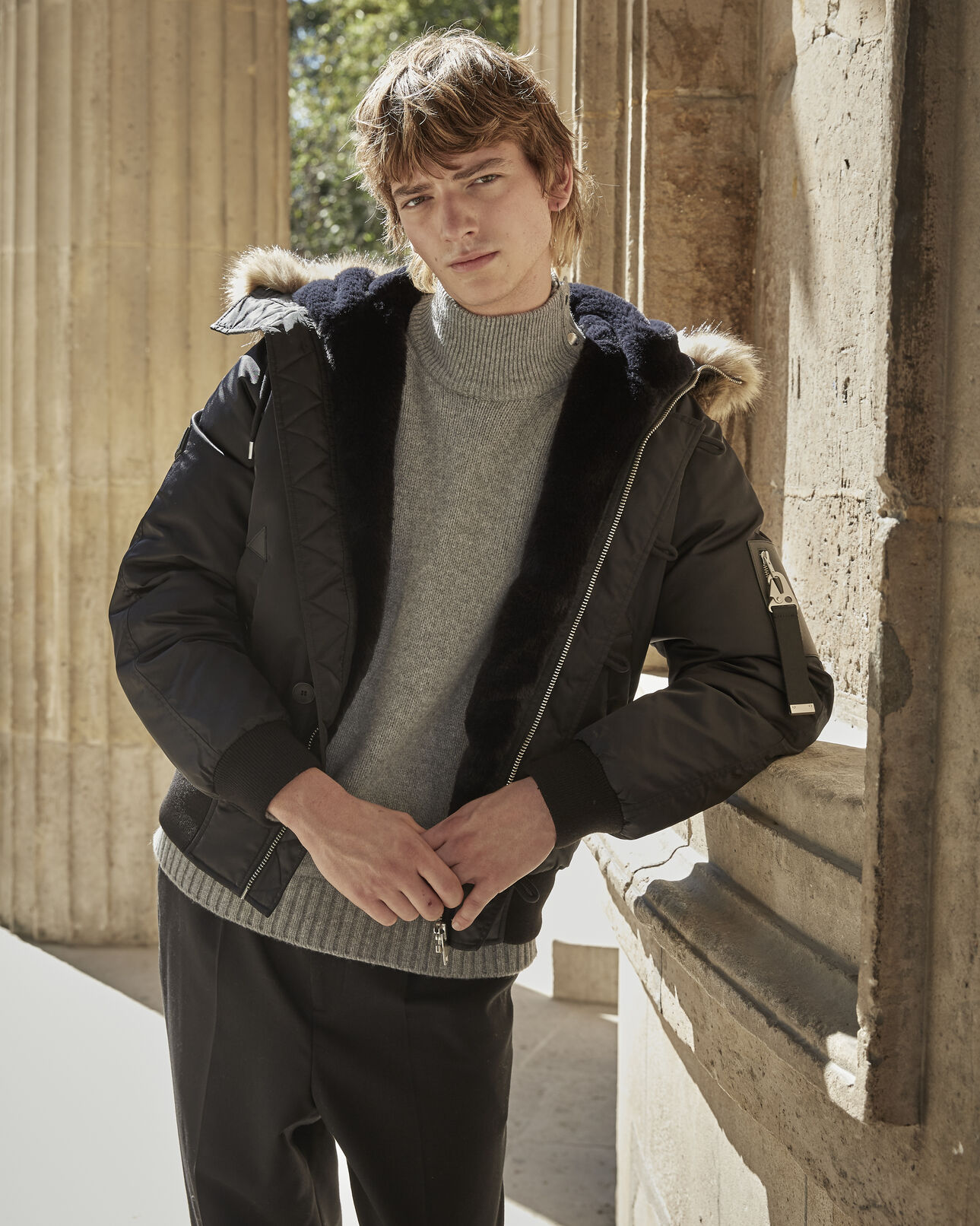 The Kooples MEN BLACK hooded furry black down jacket