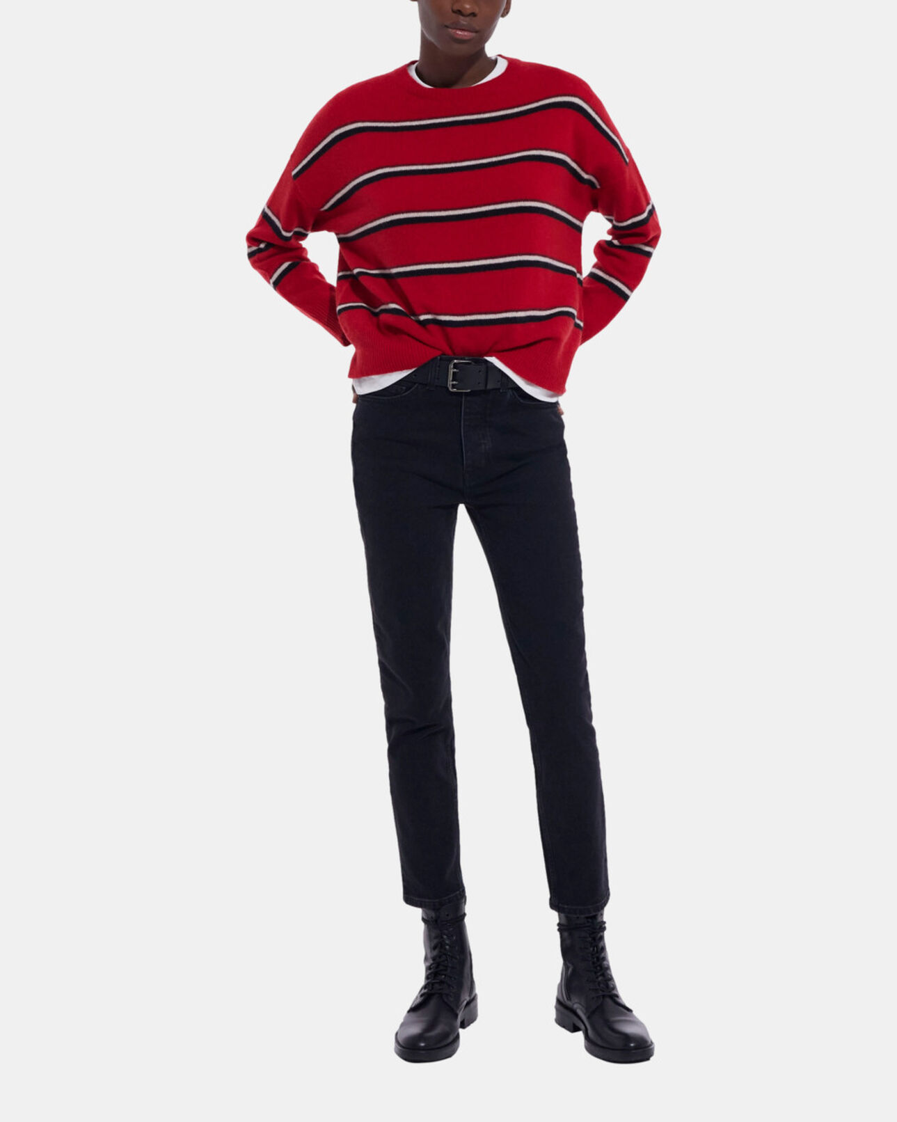 The Kooples FEMME RED-BLACK-WHITE pull en cachemire rouge