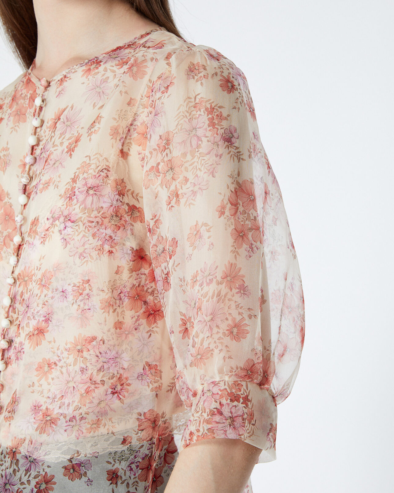 The Kooples WOMEN LIGHT PINK fitted floral printed see-through top