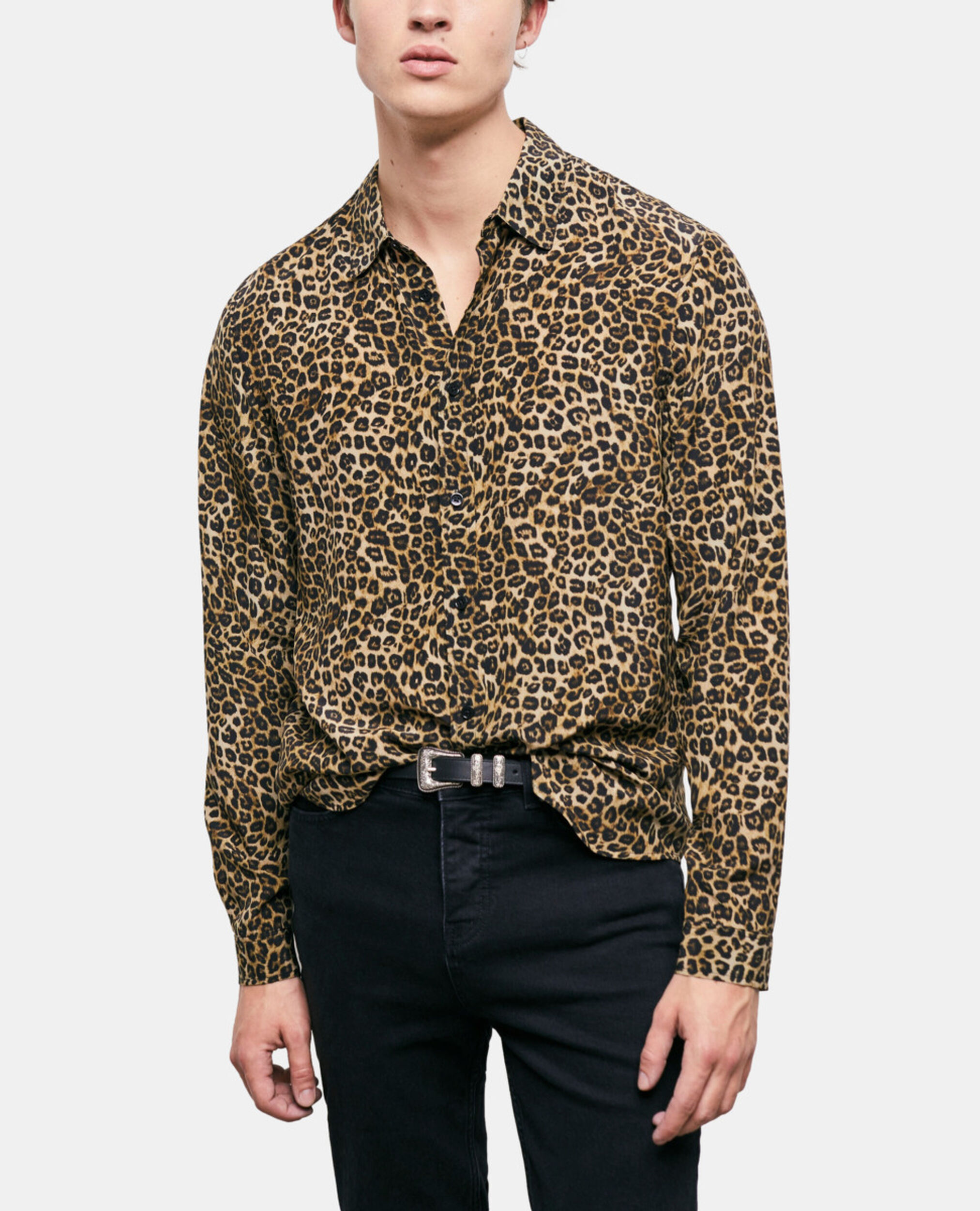 Chemise col classique en soie léopard, LEOPARD, hi-res image number null
