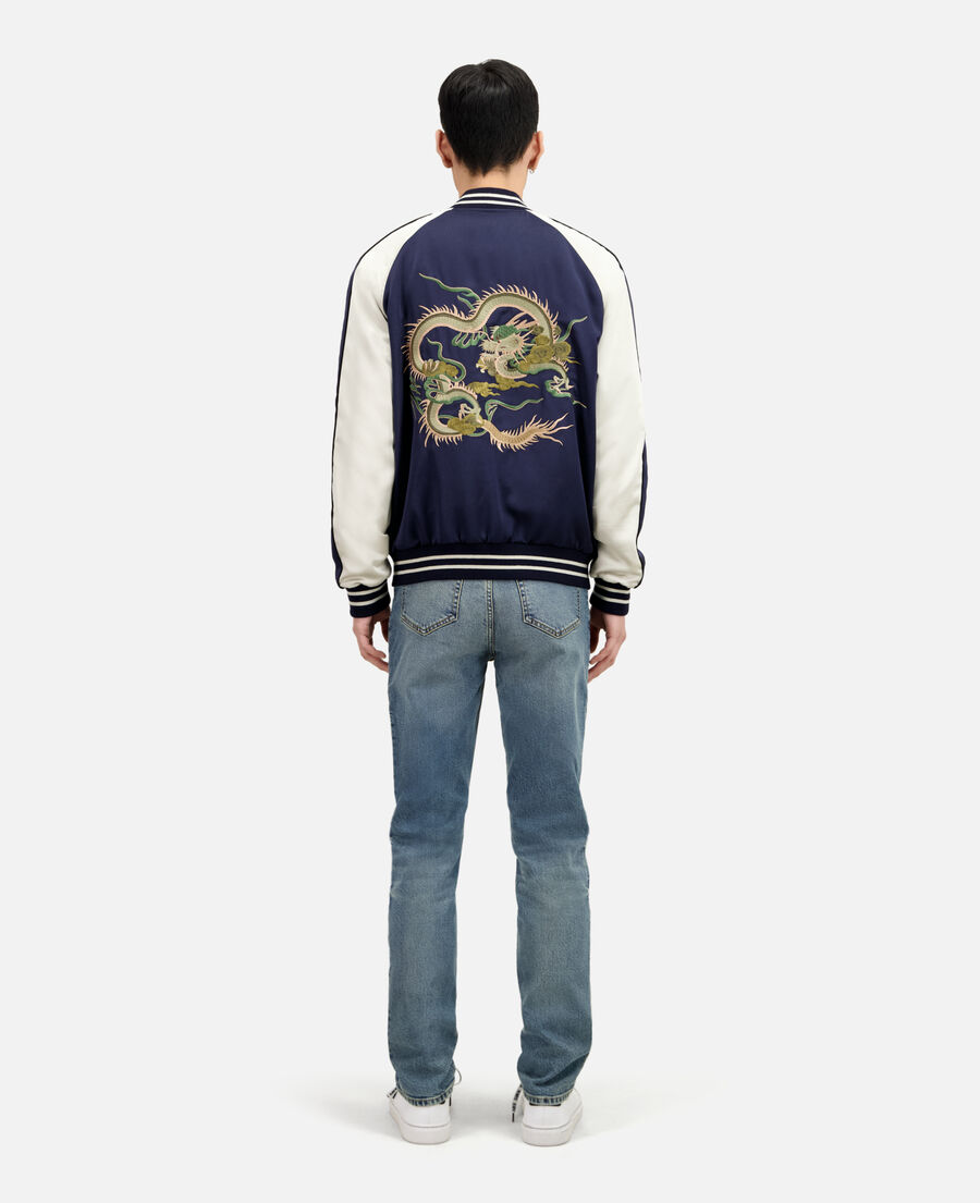 navy blue satin jacket with dragon embroidery