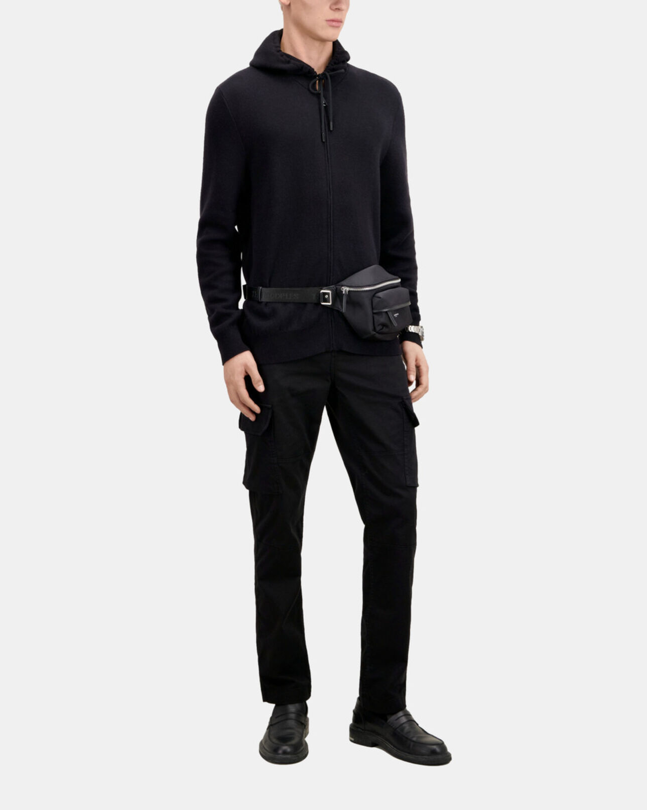 The Kooples HOMME BLACK - RED cardigan à capuche noir en mélange de laine