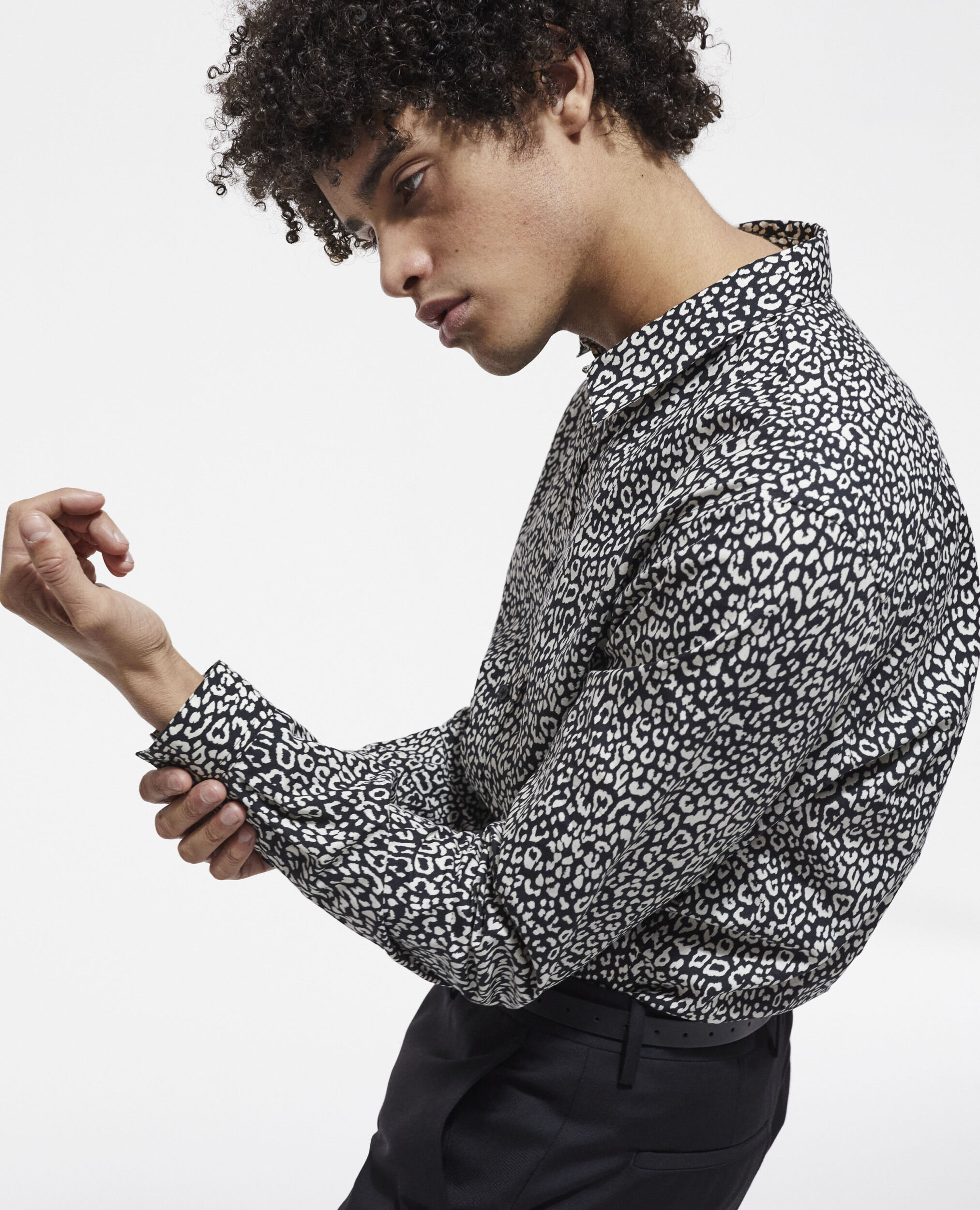 Black leopard print shirt with classic collar, BLACK WHITE, hi-res image number null