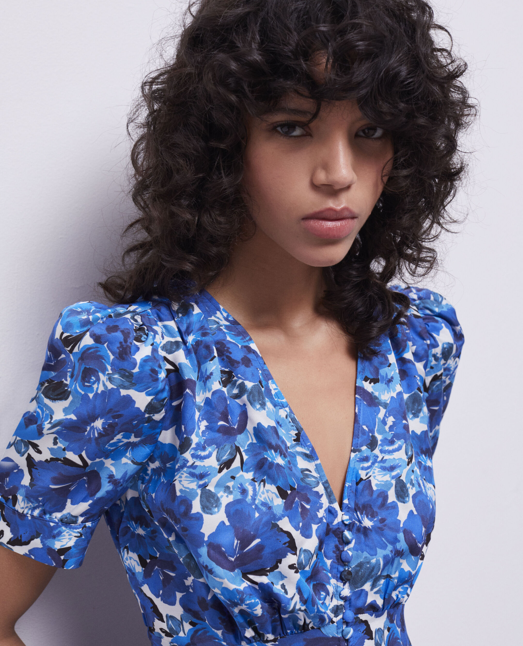 Long printed dress with buttons, BLUE WHITE, hi-res image number null
