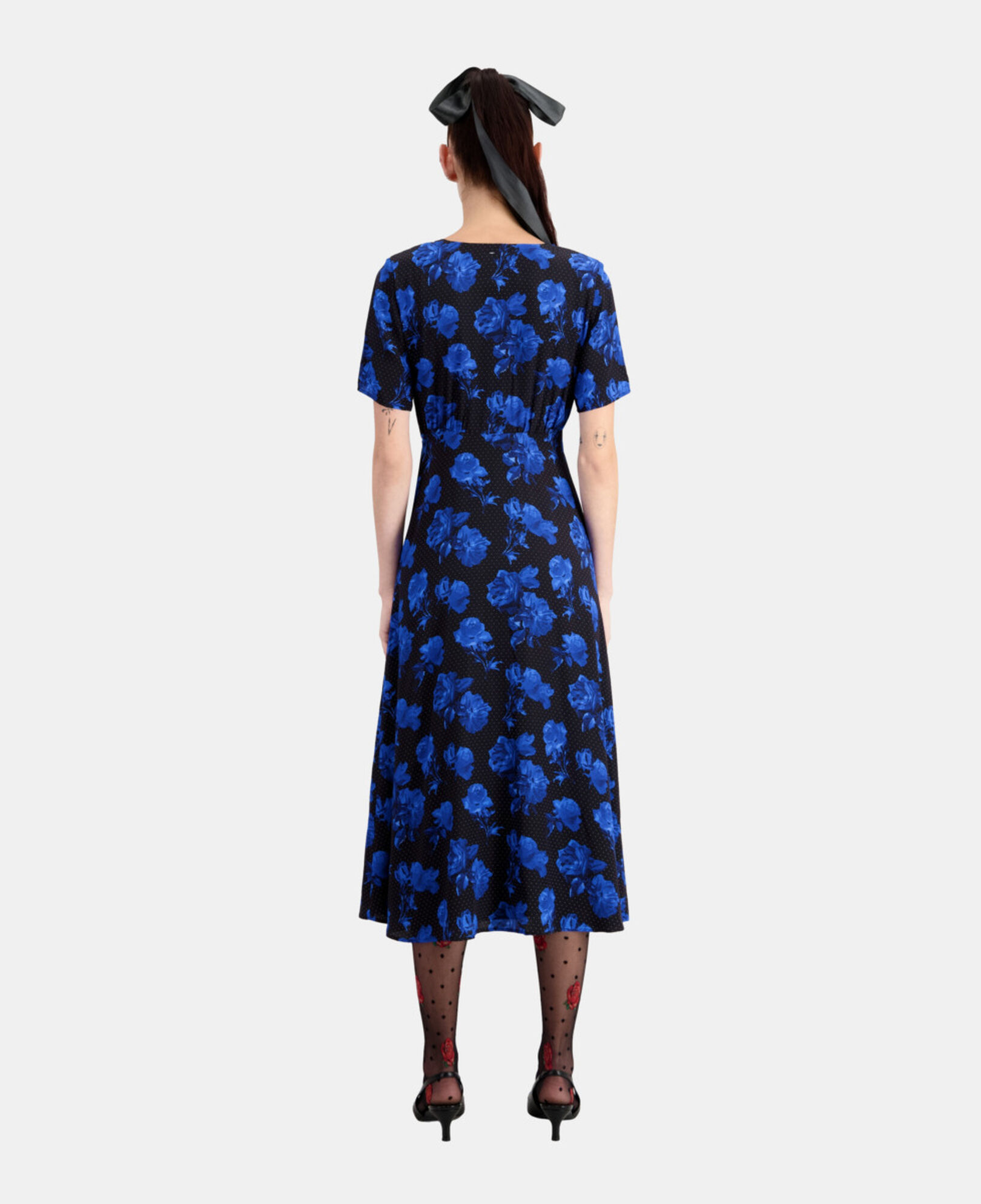 The Kooples WOMEN BLACK BLUE long printed silk dress with buttoning