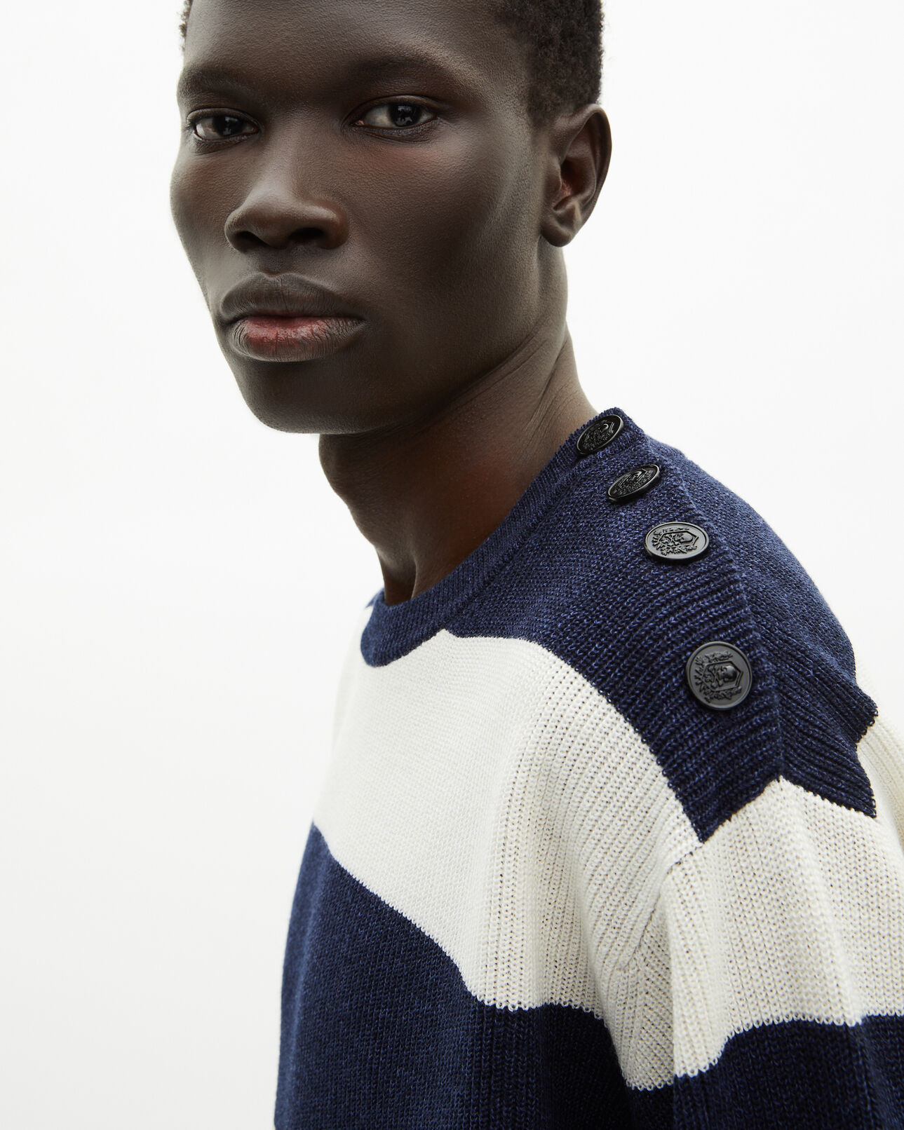 The Kooples MEN ECRU NAVY navy stripe wool and linen sweater