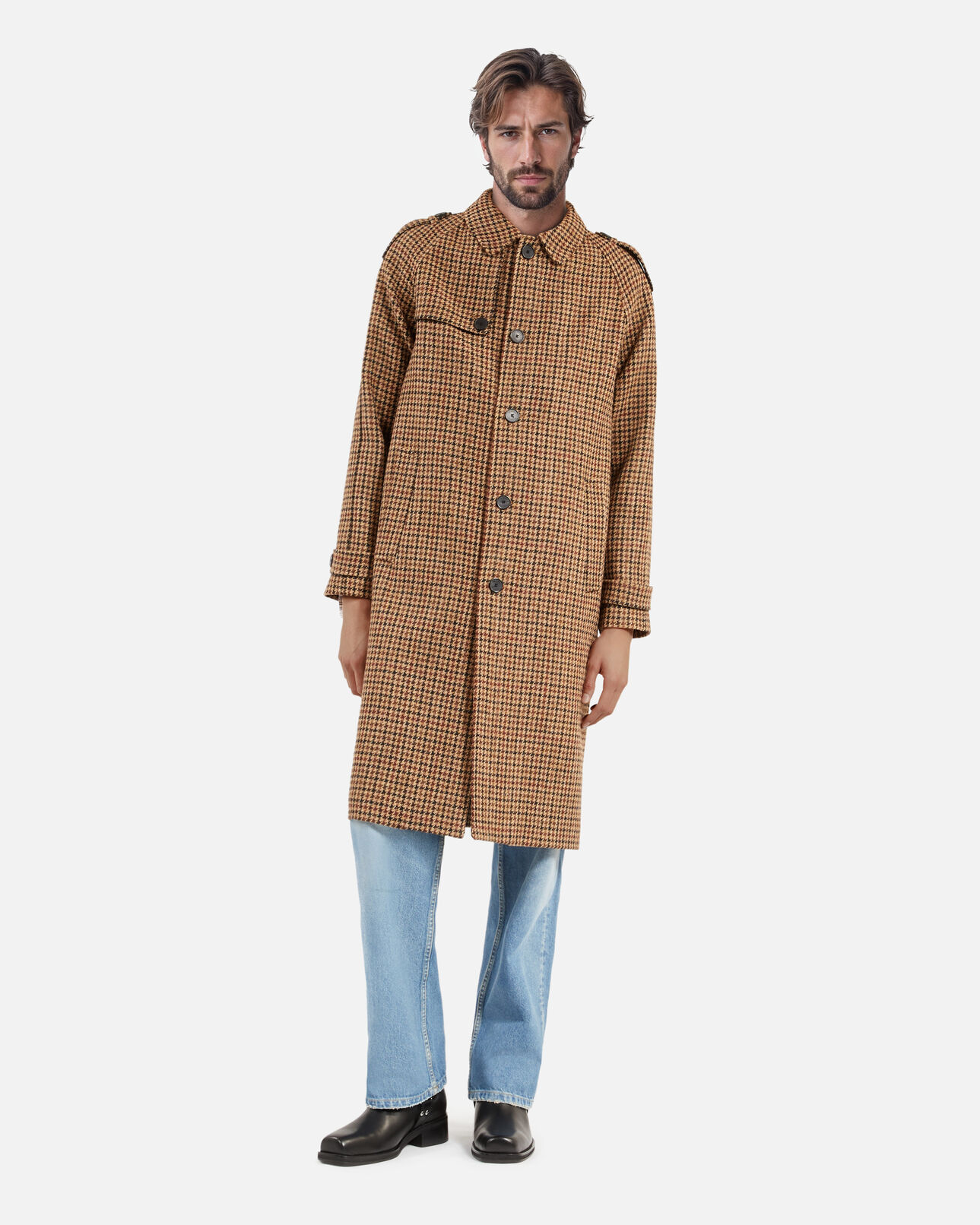 The Kooples HOMME BROWN manteau long en laine à pied de poule marron the kooples x harris tweed