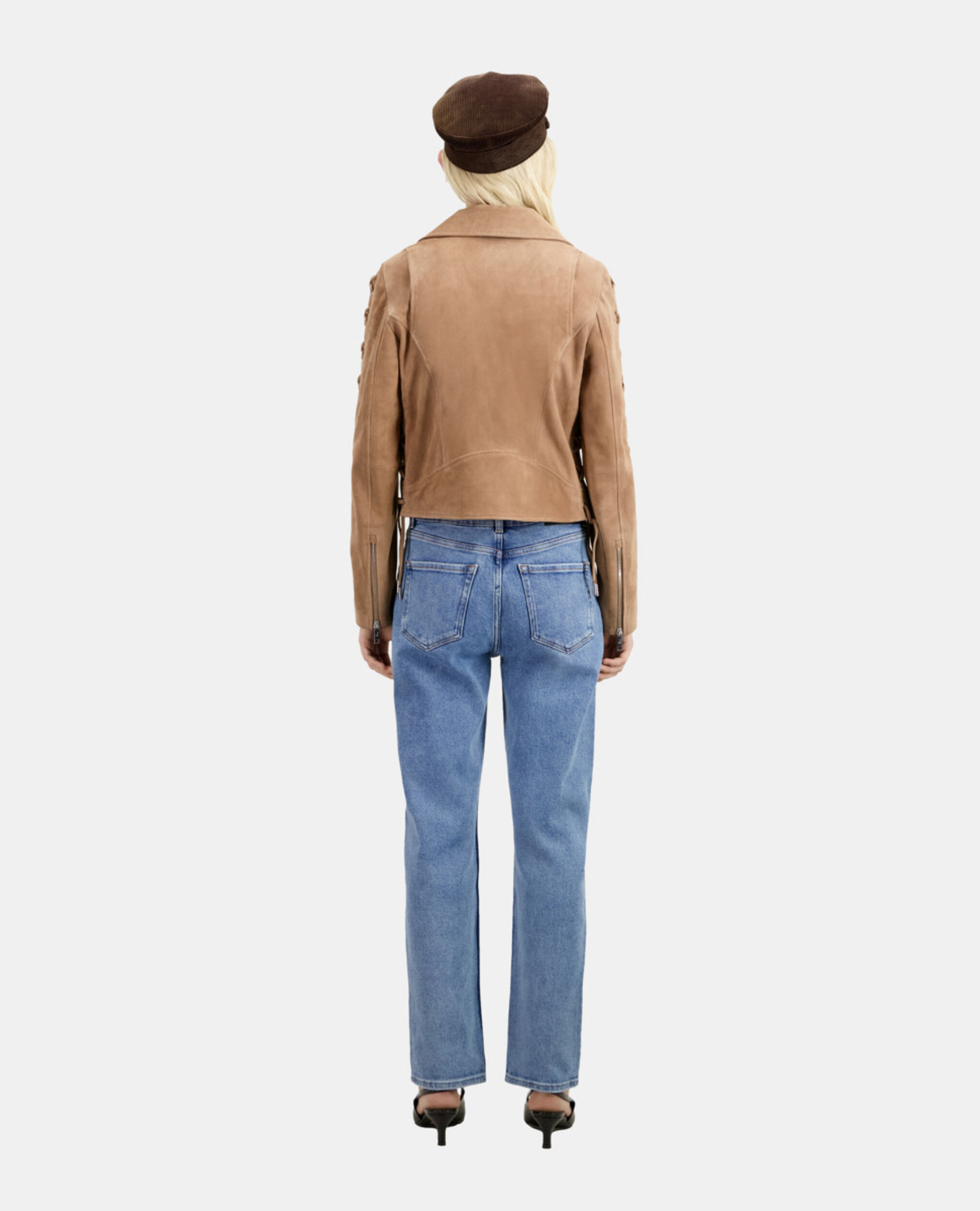 Beige Bikerjacke aus Veloursleder, BEIGE, hi-res image number null