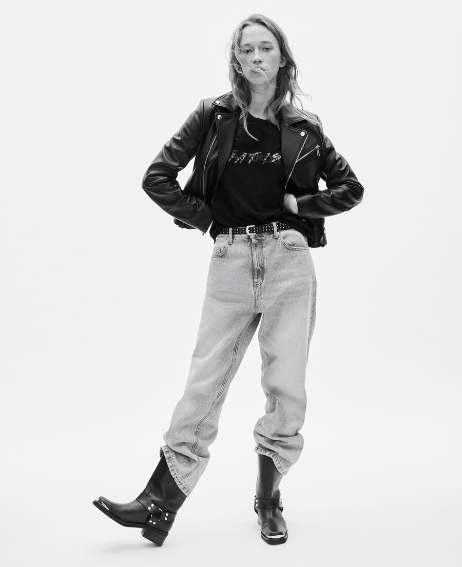 The Kooples DAMEN BLACK schwarzer blouson im bikerstil aus leder